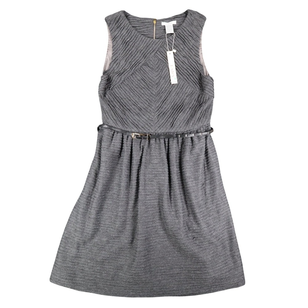 Esley Dress Womens Medium Gray Textured Pleated Sleeveless Belted Fit Flare New